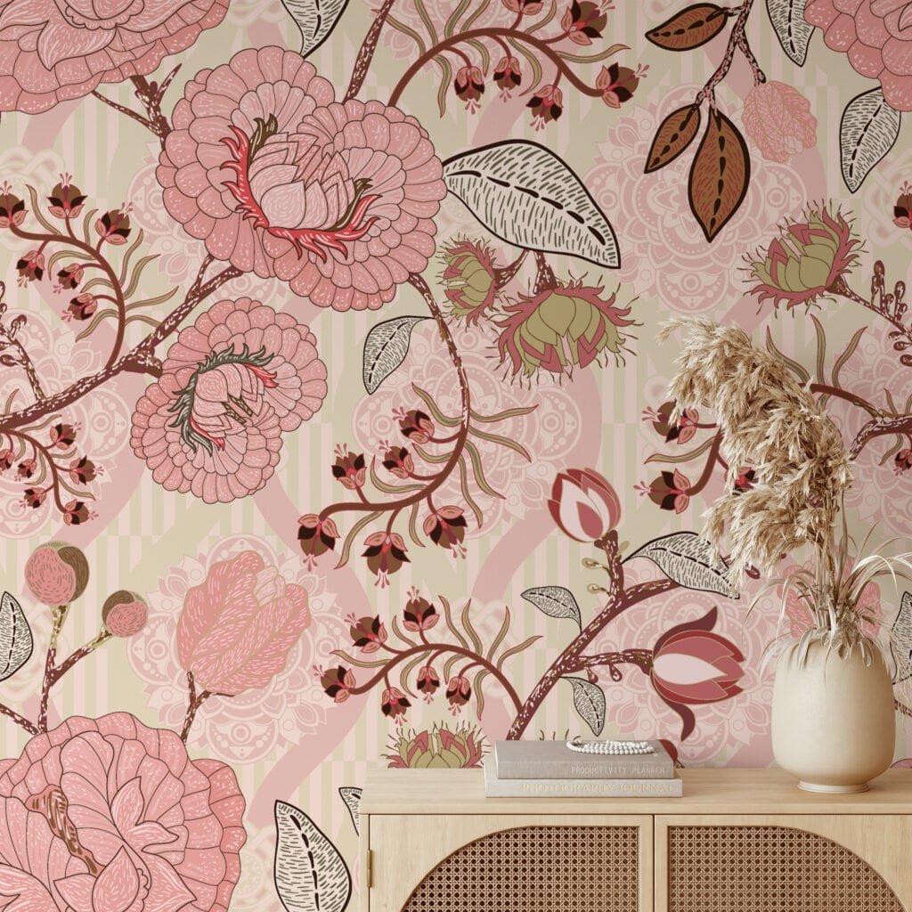 Pink Paisley Damask Style Illustration Wallpaper, Vintage Blush Rose Garden Peel & Stick Wall Mural