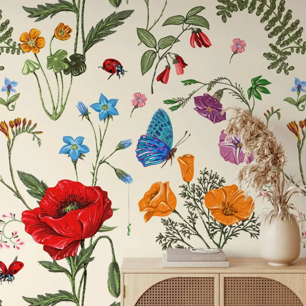 Floral Illustration With Bugs Wallpaper, Vintage Garden Symphony Peel & Stick Wall Mural