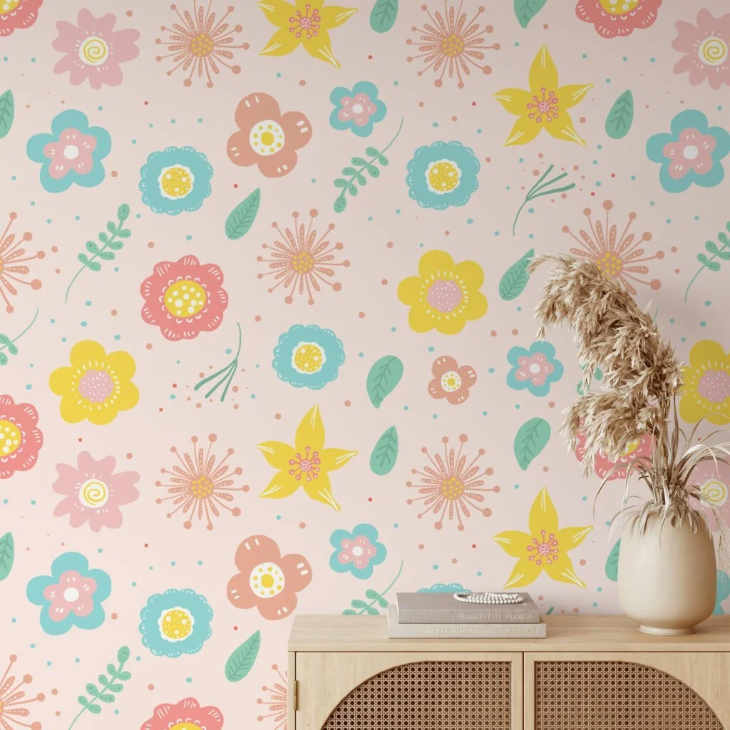 Nursery Abstract Colorful Flowers Pattern Illustration Wallpaper, Cheerful Floral Peel & Stick Wall Mural