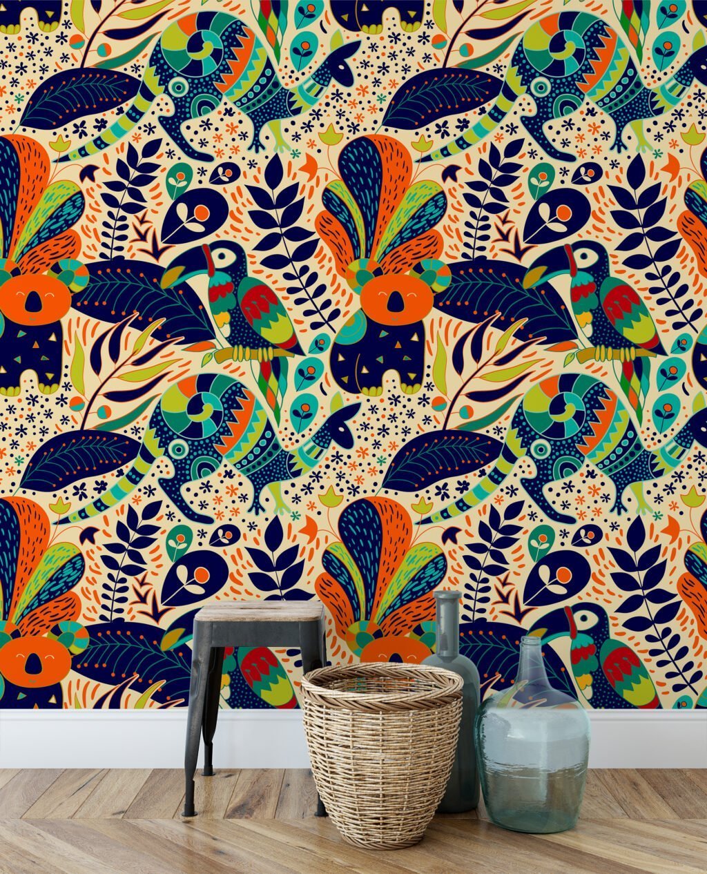 Colorful Folk Art Illustration With Toucans Kangaroos And Koalas Wallpaper, Abstract Jungle Animals Peel & Stick Wall Mural