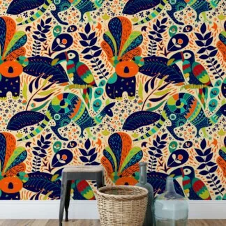 Colorful Folk Art Illustration With Toucans Kangaroos And Koalas Wallpaper, Abstract Jungle Animals Peel & Stick Wall Mural