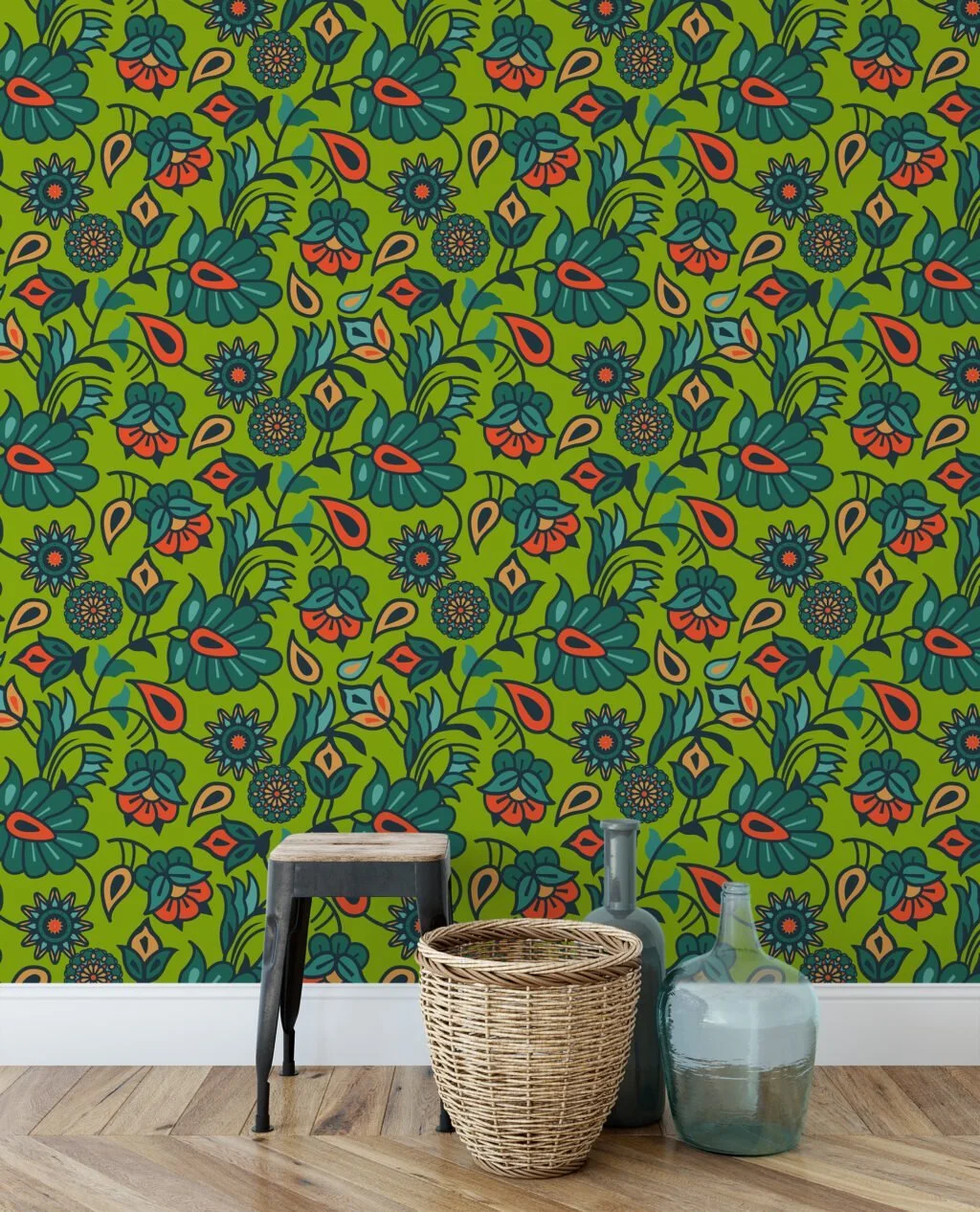 Green Flat Art Floral Wallpaper, Vibrant Retro Garden Peel & Stick Wall Mural