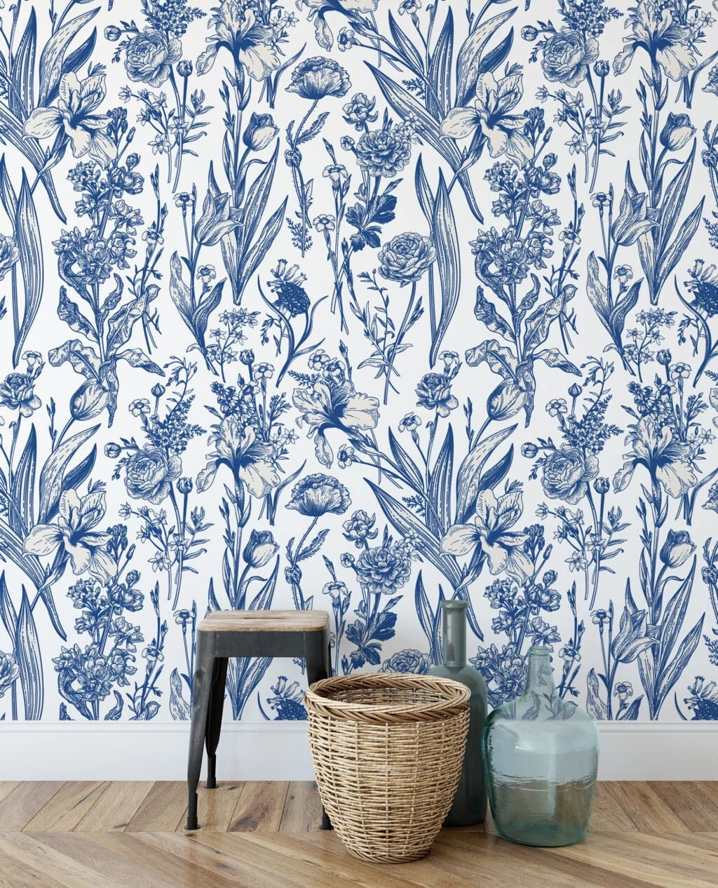 Vintage Dutch Style Blue Flowers And Leaves Wallpaper, Classic Blue Botanical Illustration Peel & Stick Wall Mural