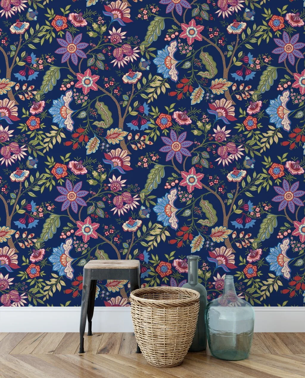 Colorful Floral Paisley Illustration Wallpaper, Opulent Navy Garden Peel & Stick Wall Mural