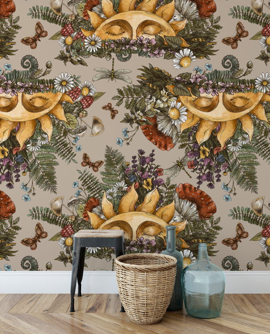Floral Mystic Sun Illustration With Butterflies And Dragonflies Wallpaper, Enchanted Forest Peel & Stick Wall Mural
