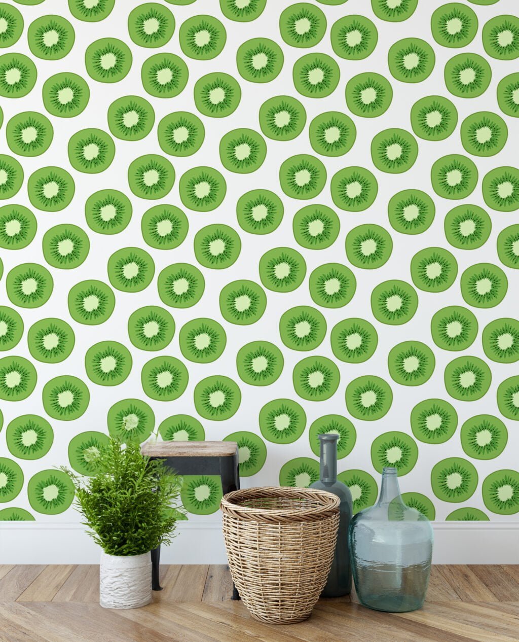 Kiwi Slices Illustration Wallpaper, Vibrant Green Kitchen Decor Peel & Stick Wall Mural