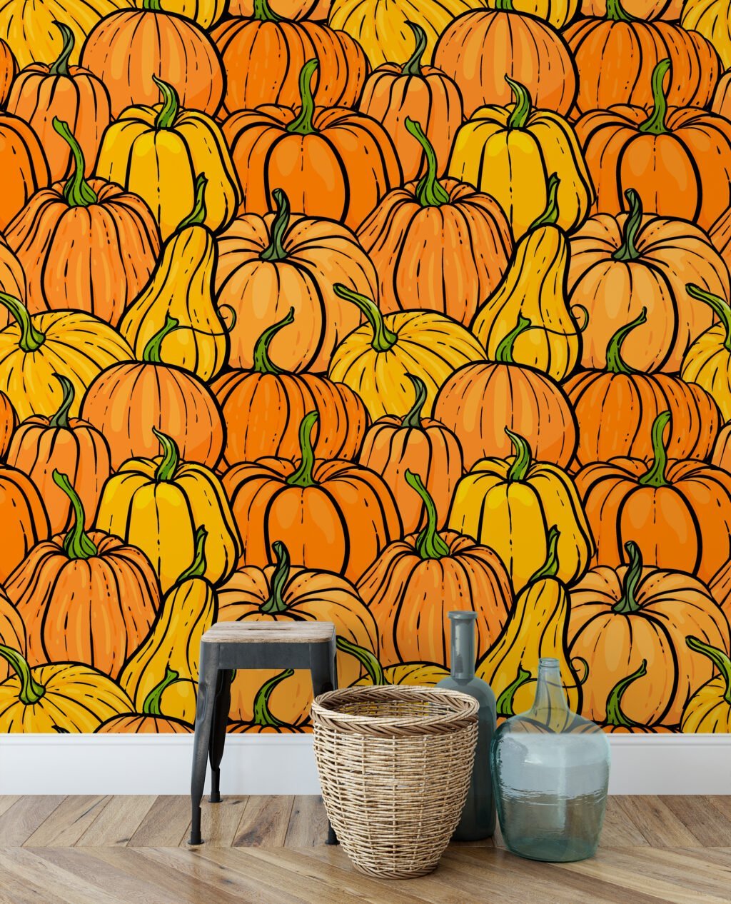 Cartoon Style Pumpkins Pattern Illustration Wallpaper, Harvest Pumpkin Patch Peel & Stick Wall Mural