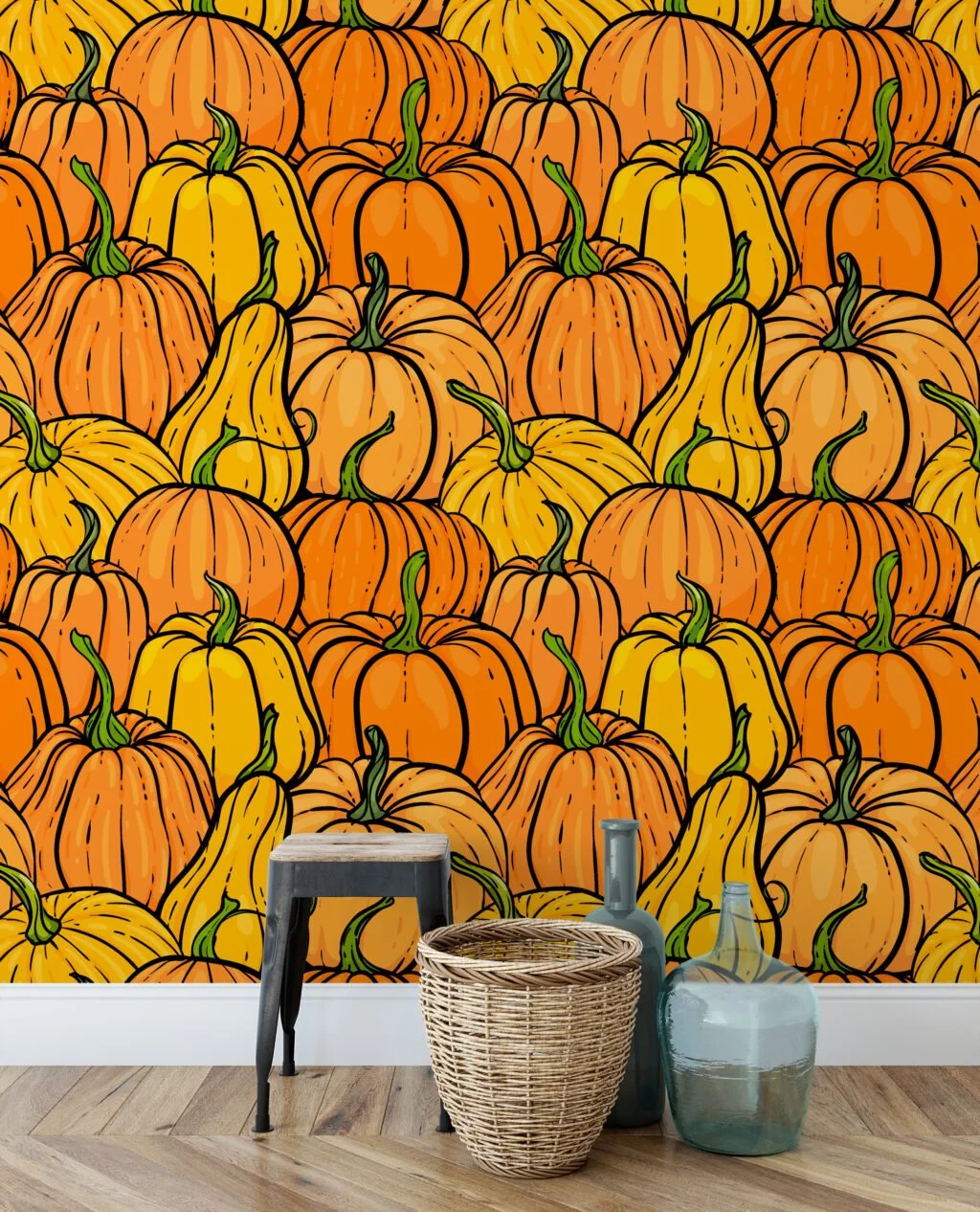 Cartoon Style Pumpkins Pattern Illustration Wallpaper, Harvest Pumpkin Patch Peel & Stick Wall Mural