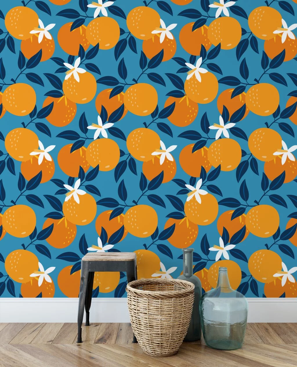 Retro Flat Art Oranges Abstract Design Wallpaper, Refreshing Citrus on Blue Peel & Stick Wall Mural