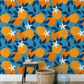 Retro Flat Art Oranges Abstract Design Wallpaper, Refreshing Citrus on Blue Peel & Stick Wall Mural