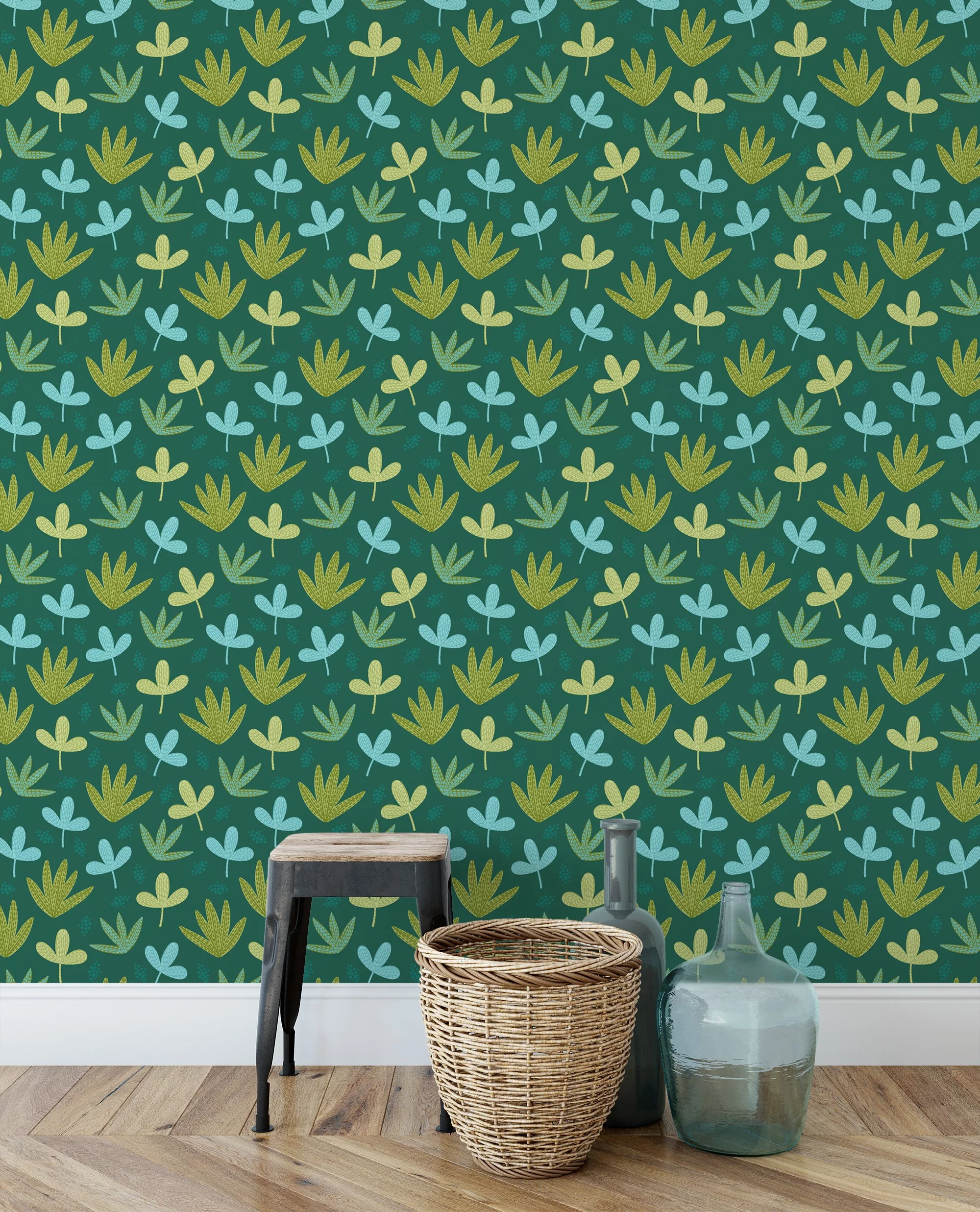 Abstract Green Leaves Shapes Illustration Wallpaper, Enchanting Leaf Pattern Peel & Stick Wall Mural