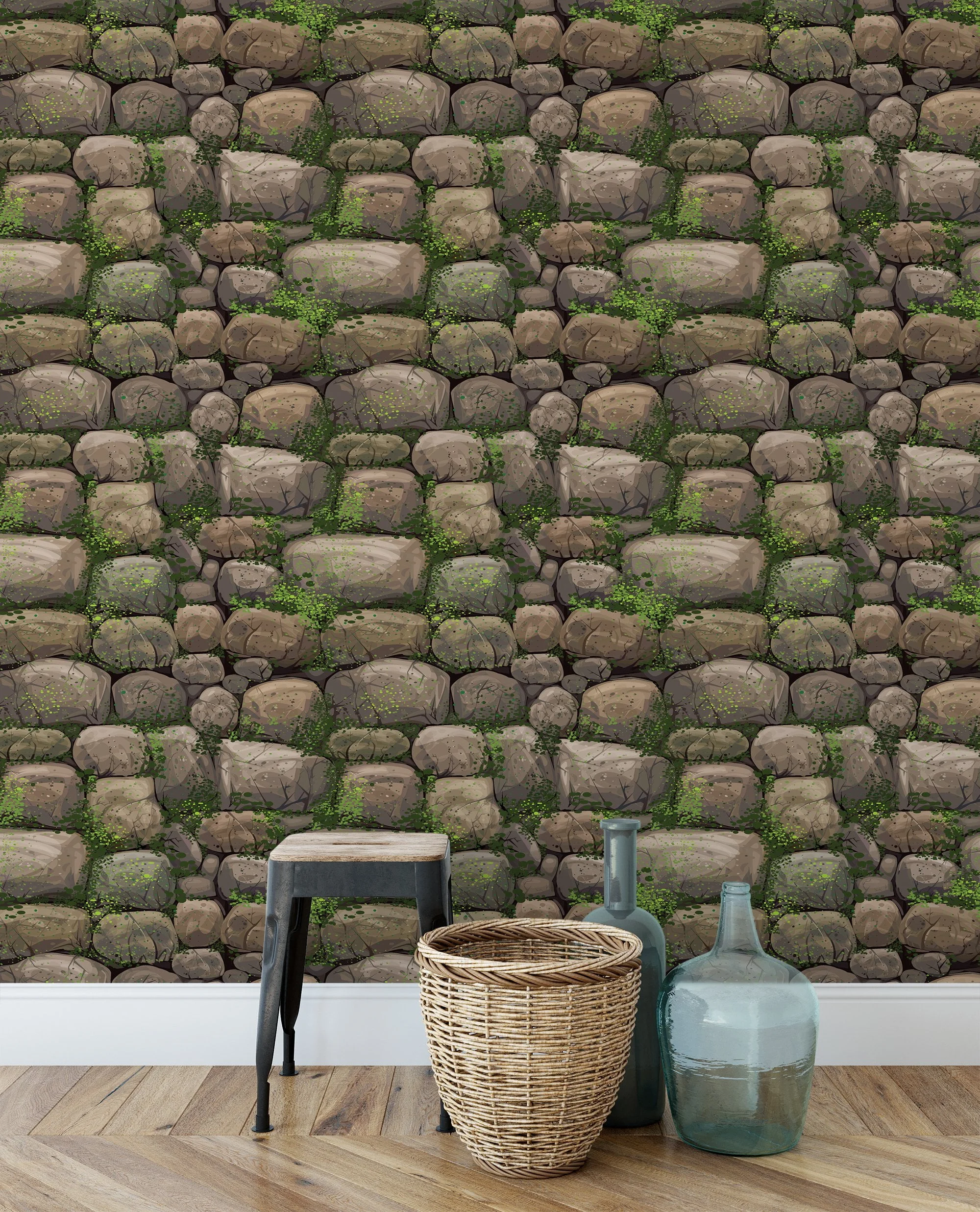 Cartoon Style Rocks And Moss Wallpaper, Natural Faux Texture Peel & Stick Wall Mural
