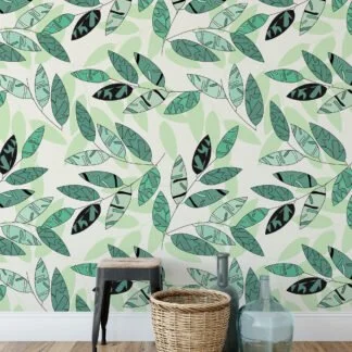 Outlined Green Leaves Wallpaper, Fresh Green Botanical Design Peel & Stick Wall Mural