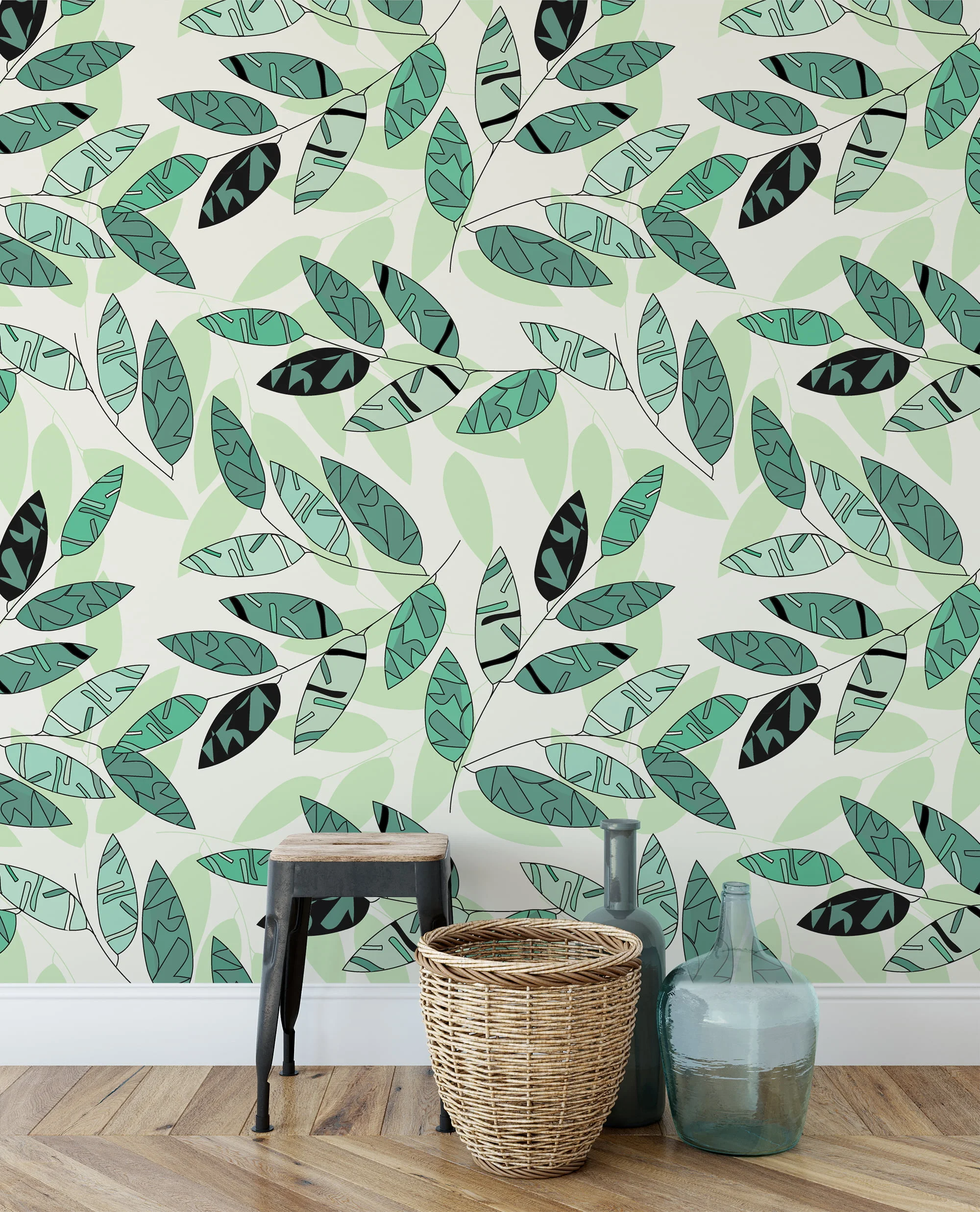 Outlined Green Leaves Wallpaper, Fresh Green Botanical Design Peel & Stick Wall Mural