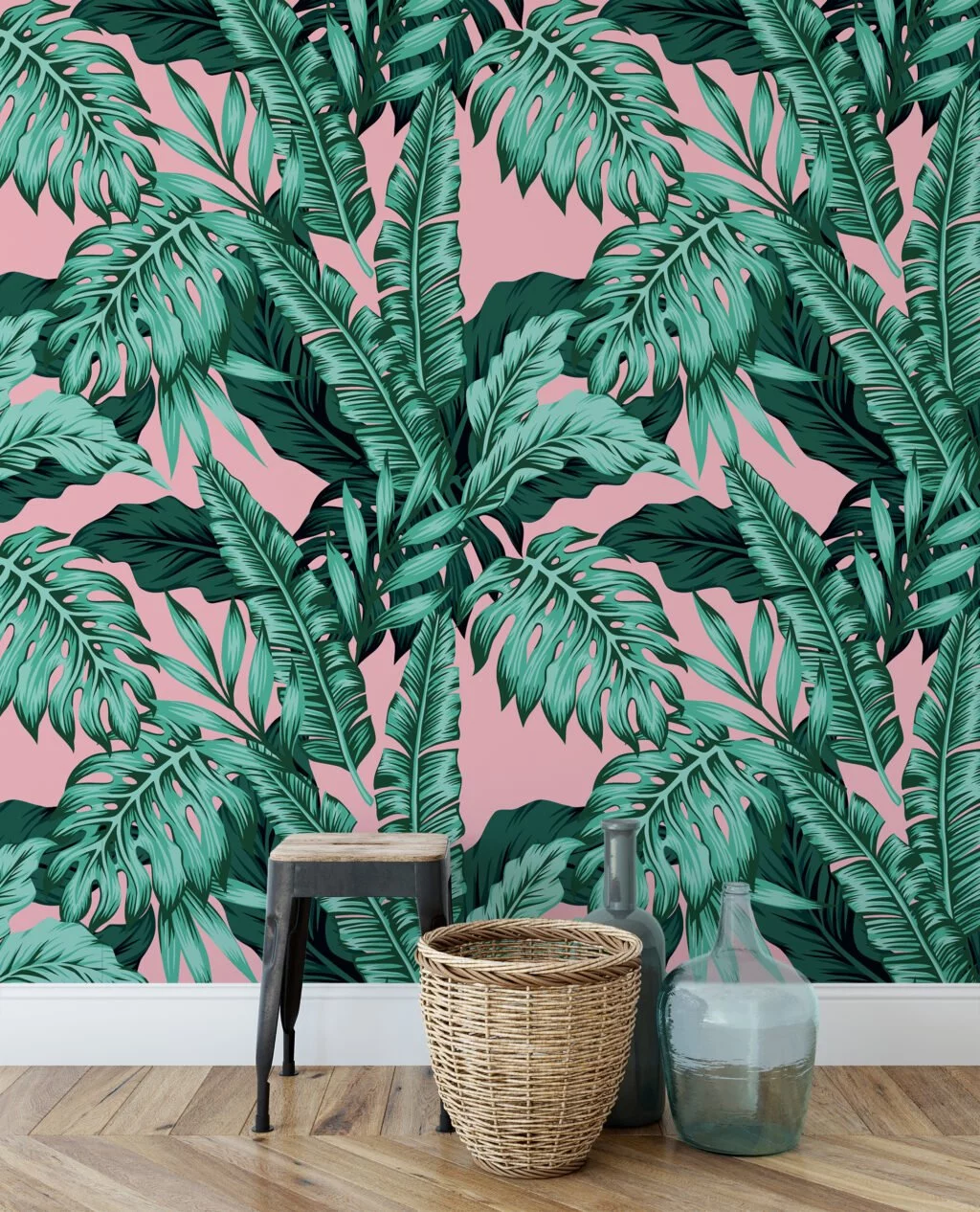 Tropical Leaves With A Pink Background Illustration Wallpaper, Tropical Paradise Peel & Stick Wall Mural