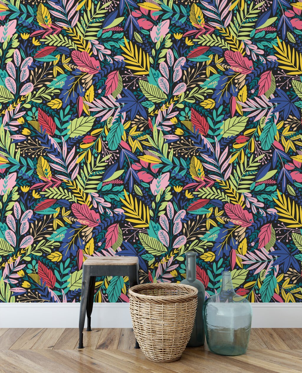 Colorful Leaves Illustration With A Dark Background Wallpaper, Exotic Botanical Peel & Stick Wall Mural
