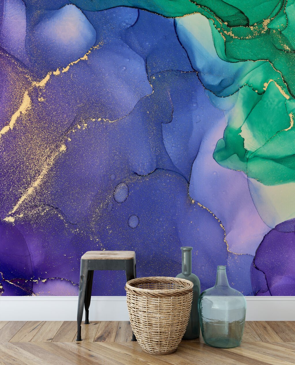 Green And Dark Purple Gold Alcohol Ink Art Marble Wallpaper, Mystic Blue & Emerald Marble Peel & Stick Wall Mural