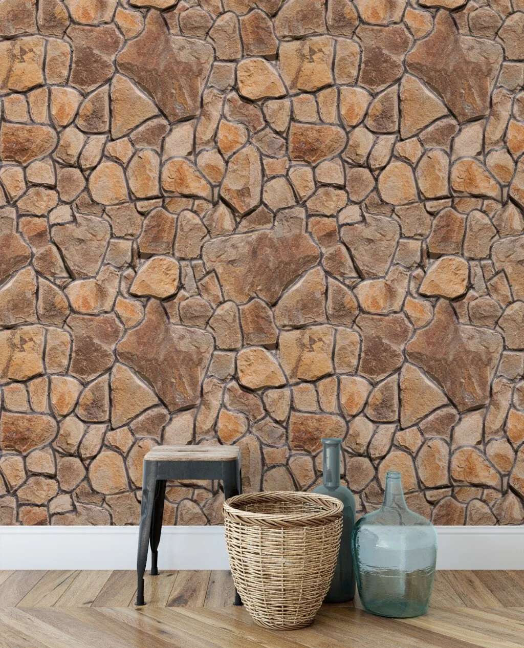 Earthy Cracked Stone Wall Wallpaper, Classic Cobblestone Texture Peel & Stick Wall Mural