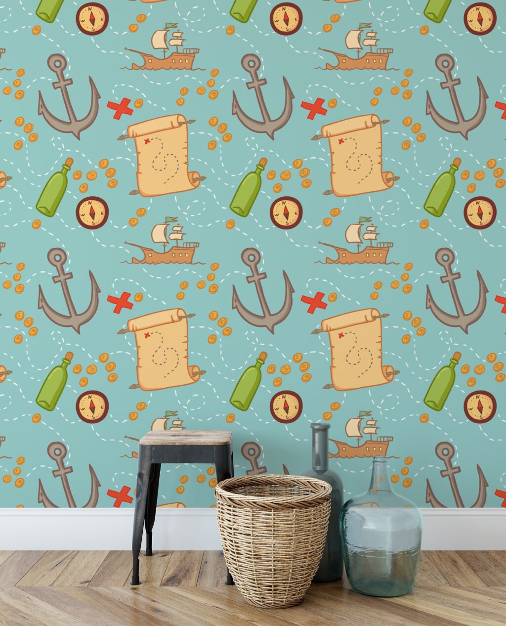 Pirate Themed Ships And Treasure Maps Wallpaper, Nautical Adventurous Kids Peel & Stick Wall Mural