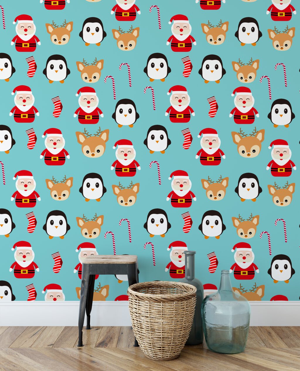 Christmas Themed Icons Illustration With Santa Claus Wallpaper, Cheerful Christmas Characters Peel & Stick Wall Mural