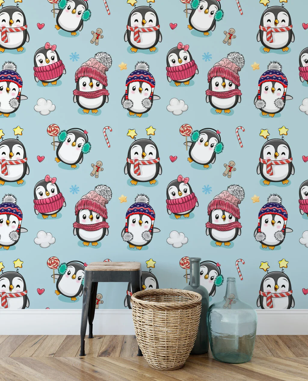 Cute Cartoon Style Christmas Penguins Illustration Wallpaper, Festive Penguin Playtime Kids Peel & Stick Wall Mural