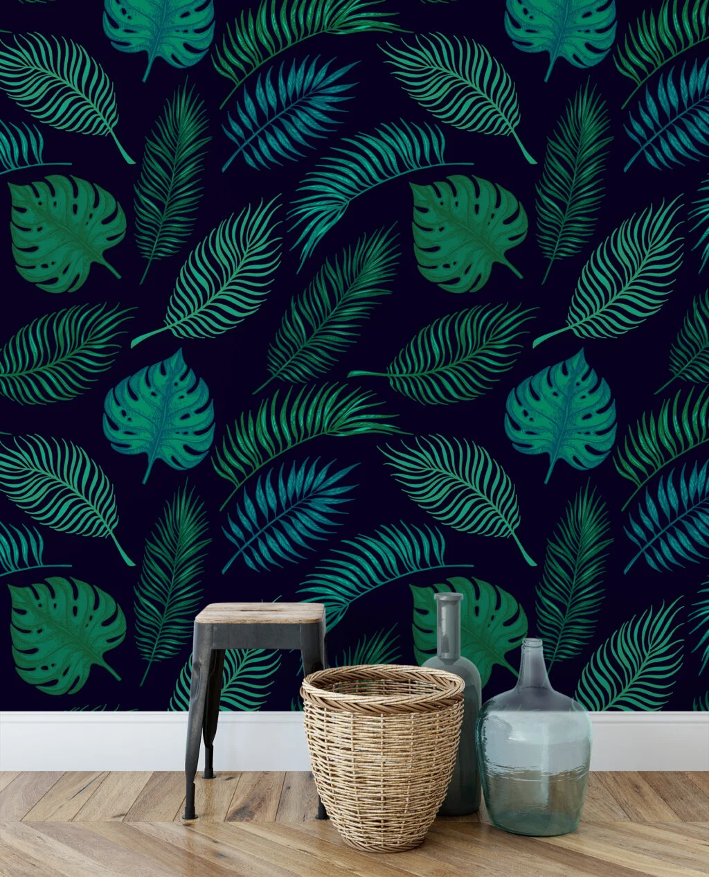 Tropical Leaves Illustration Pattern Wallpaper, Exotic Botanical Leaves Peel & Stick Wall Mural