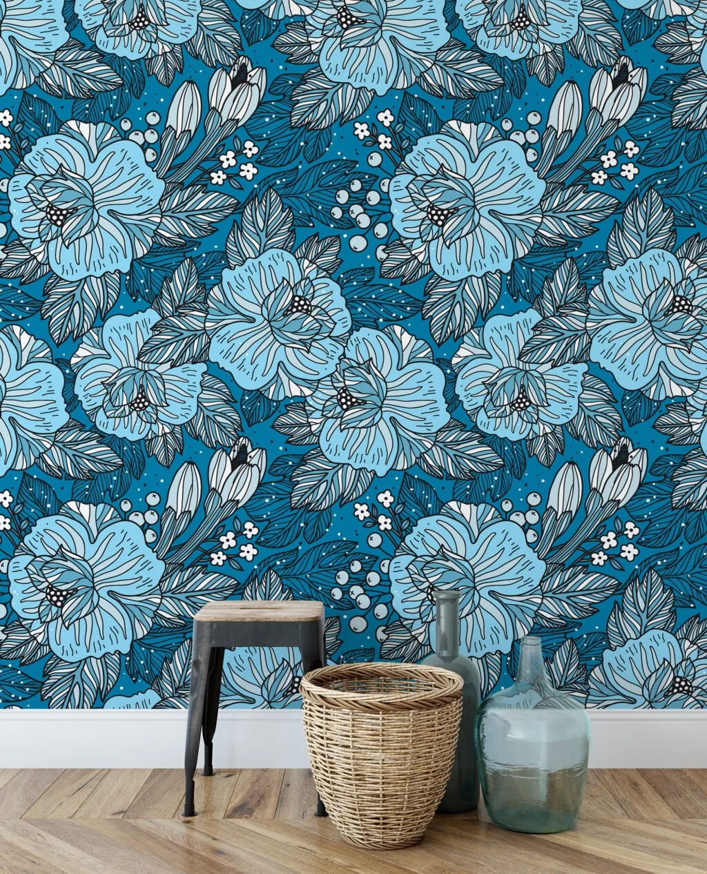 Blue Colored Outlined Floral Wallpaper Pattern, Blue Blossom Design Peel & Stick Wall Mural