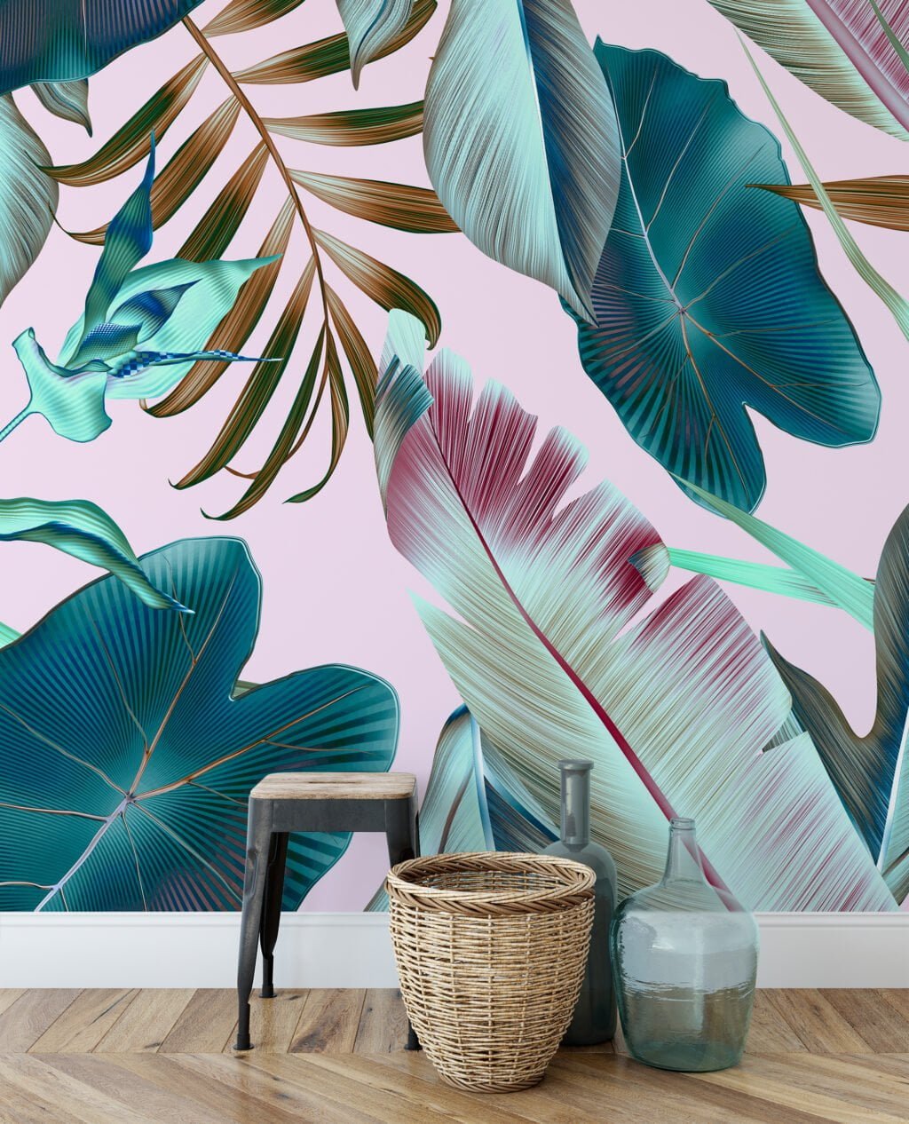 Large Tropical Leaves With A Pastel Pink Background Wallpaper, Tropical Escape Leaves Peel & Stick Wall Mural