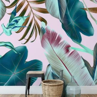 Large Tropical Leaves With A Pastel Pink Background Wallpaper, Tropical Escape Leaves Peel & Stick Wall Mural