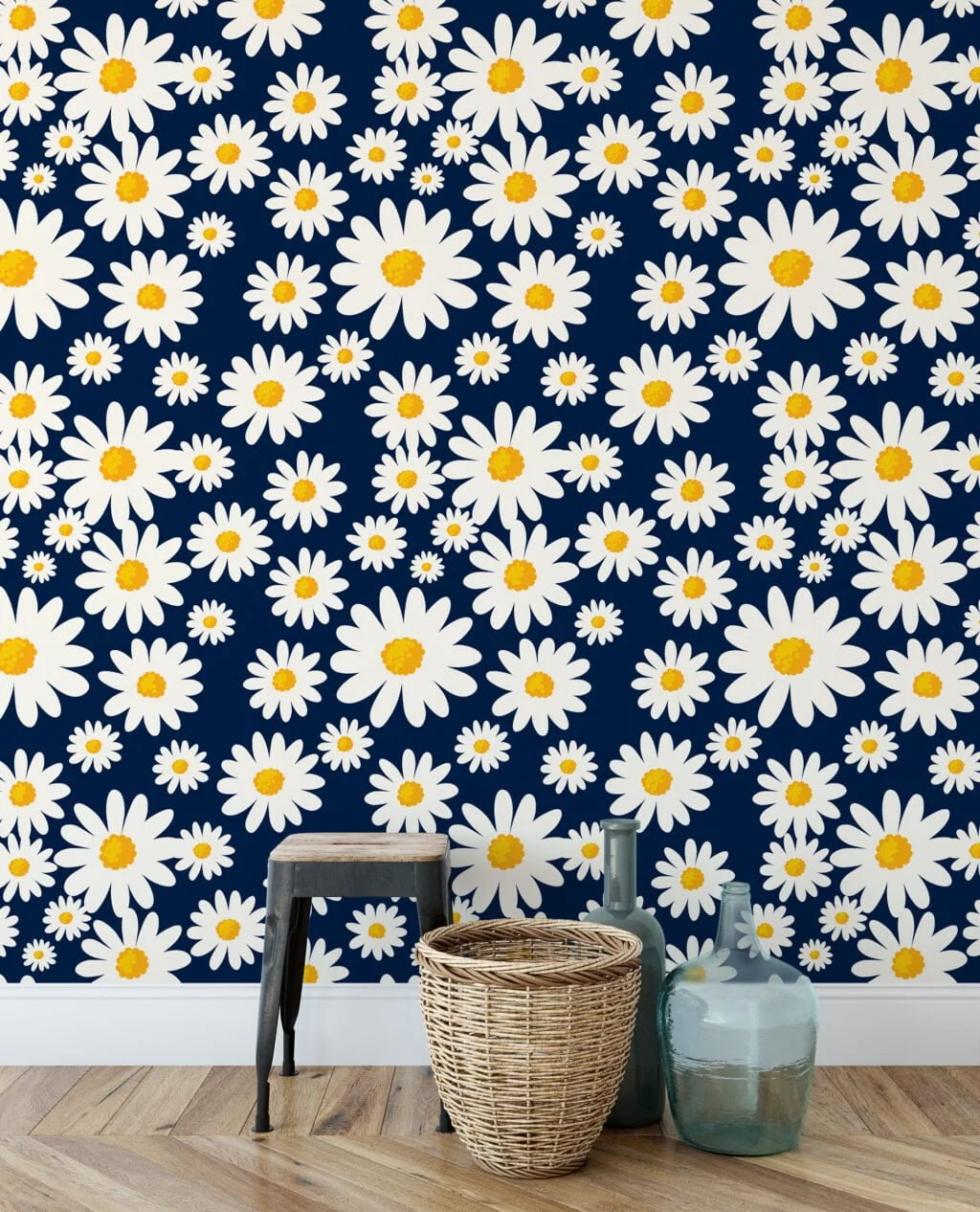 Flat Art Daisies With A Dark Navy Background Illustration Wallpaper, Cheerful Daisy Chain Peel & Stick Wall Mural