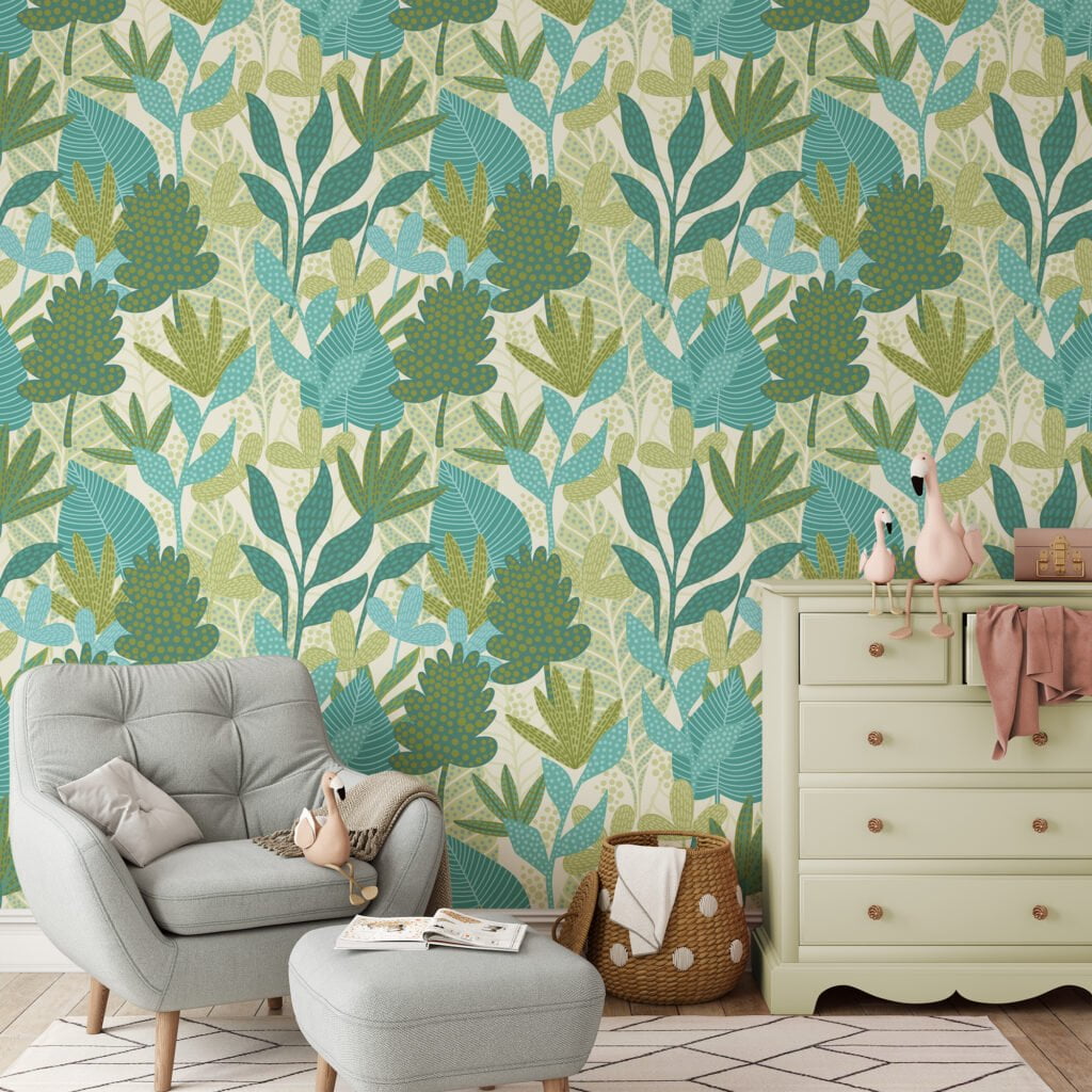 Tropical Abstract Green Leaves Illustration Wallpaper, Botanical Nature Peel & Stick Wall Mural