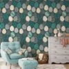 Teal Egg Shaped Abstract Illustration Wallpaper, Elegant Geometric Navy Peel & Stick Wall Mural