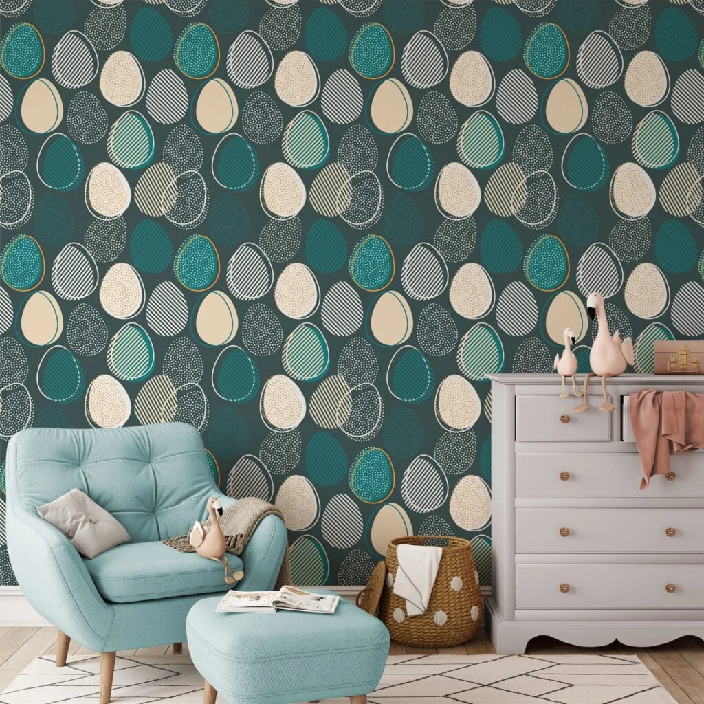 Teal Egg Shaped Abstract Illustration Wallpaper, Elegant Geometric Navy Peel & Stick Wall Mural