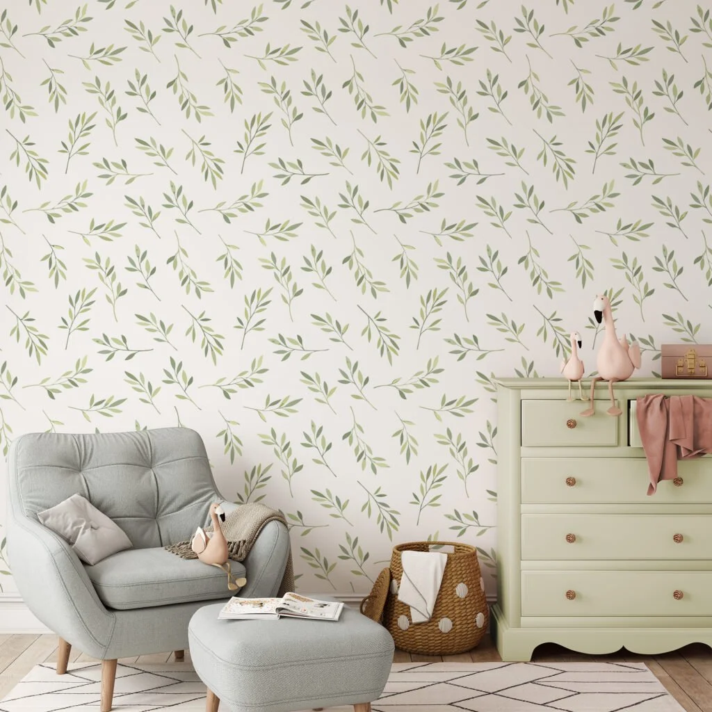 Watercolor Style Green Branches Leaves Wallpaper, Gentle Green Sprigs Peel & Stick Wall Mural