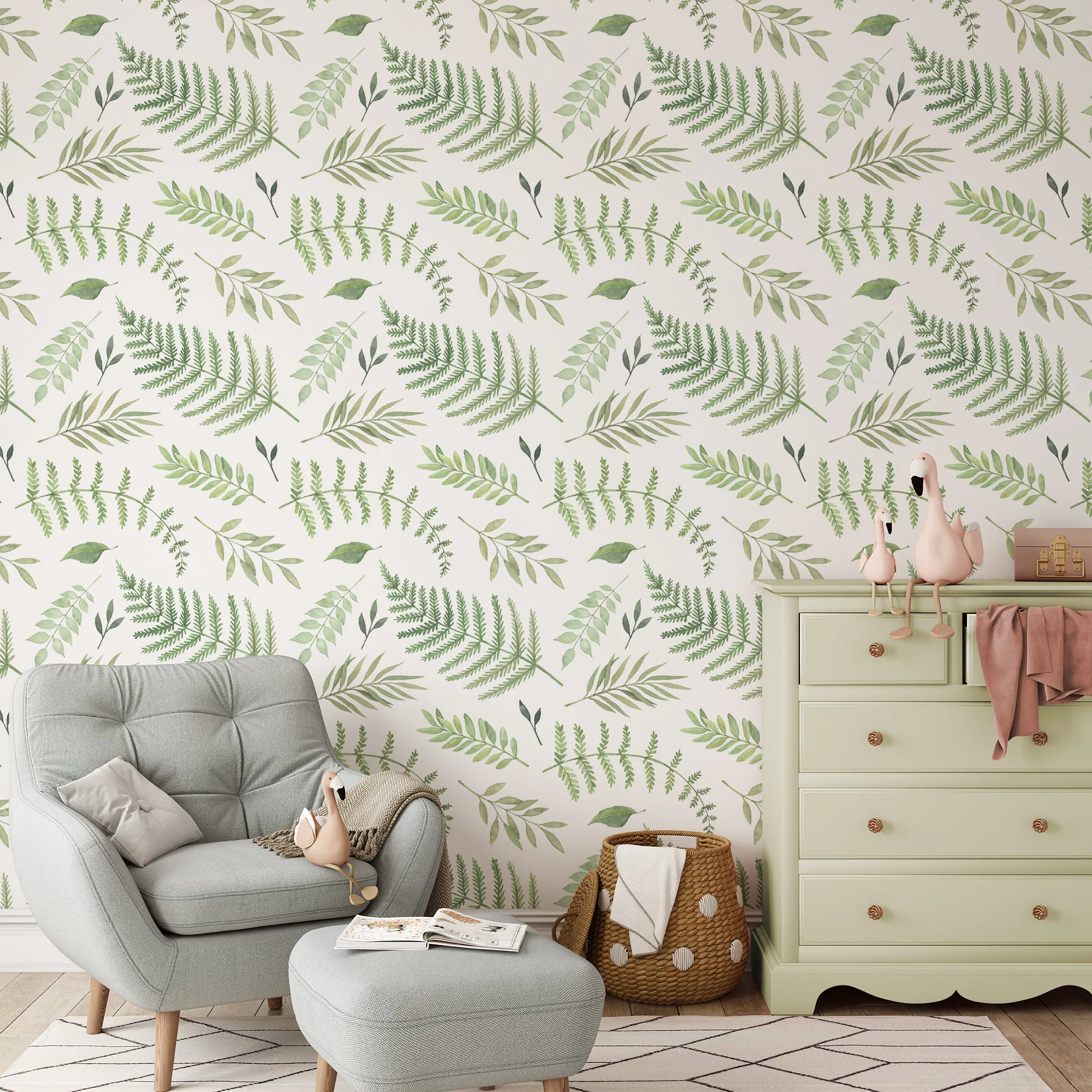 Watercolor Green Leaves And Branches Pattern Wallpaper, Refreshing Botanical Peel & Stick Wall Mural