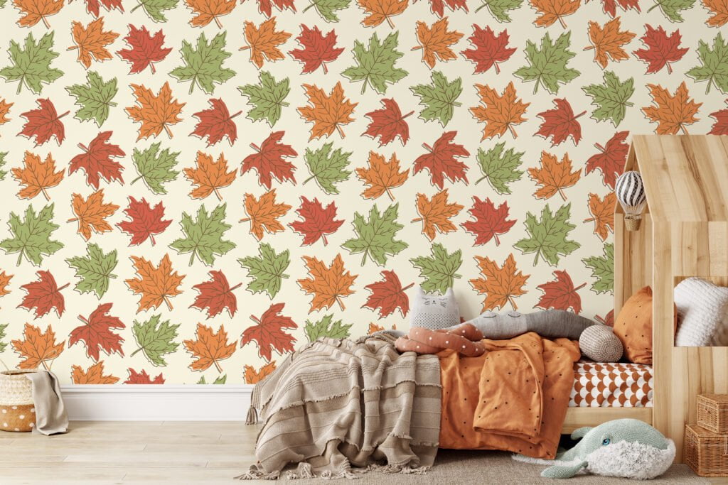 Fall Leaves Illustration Wallpaper, Vintage Autumn Leaf Pattern Peel & Stick Wall Mural