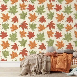 Fall Leaves Illustration Wallpaper, Vintage Autumn Leaf Pattern Peel & Stick Wall Mural