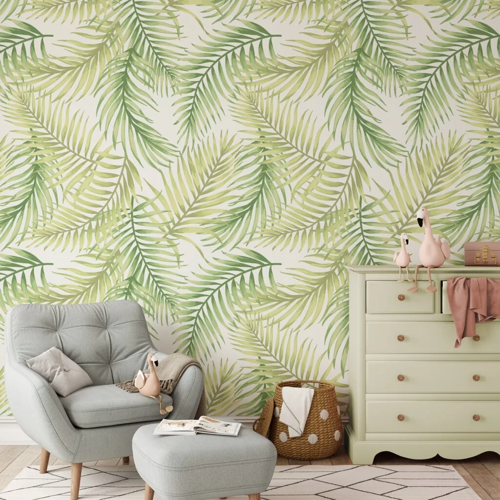 Light Green Leaves With A White background Wallpaper, Lush Palm Frond Peel & Stick Wall Mural