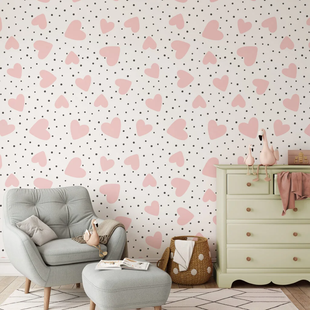 Simple Pink Hearts And Black Dots Illustration Wallpaper, Sweet Pink Hearts Nursery Peel & Stick Wall Mural