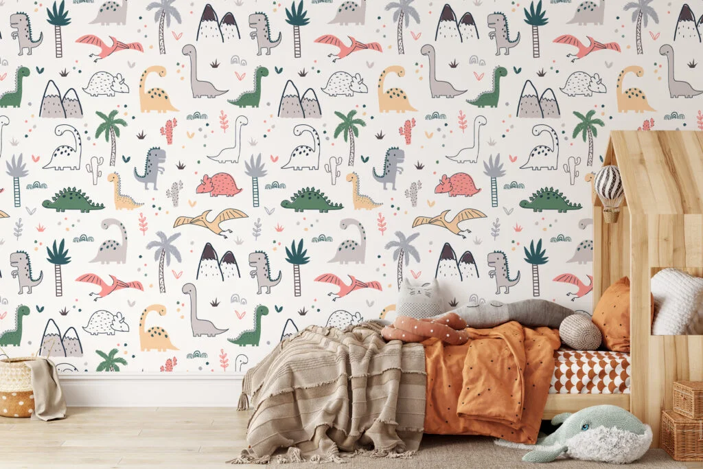 Cute Nursery Dinosaurs Drawings Illustration Pattern Wallpaper, Adorable Dinosaur Peel & Stick Wall Mural