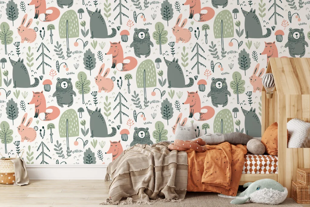 Nordic Scandinavian Forest Animals Drawings Illustration Wallpaper, Whimsical Forest Creatures Peel & Stick Wall Mural