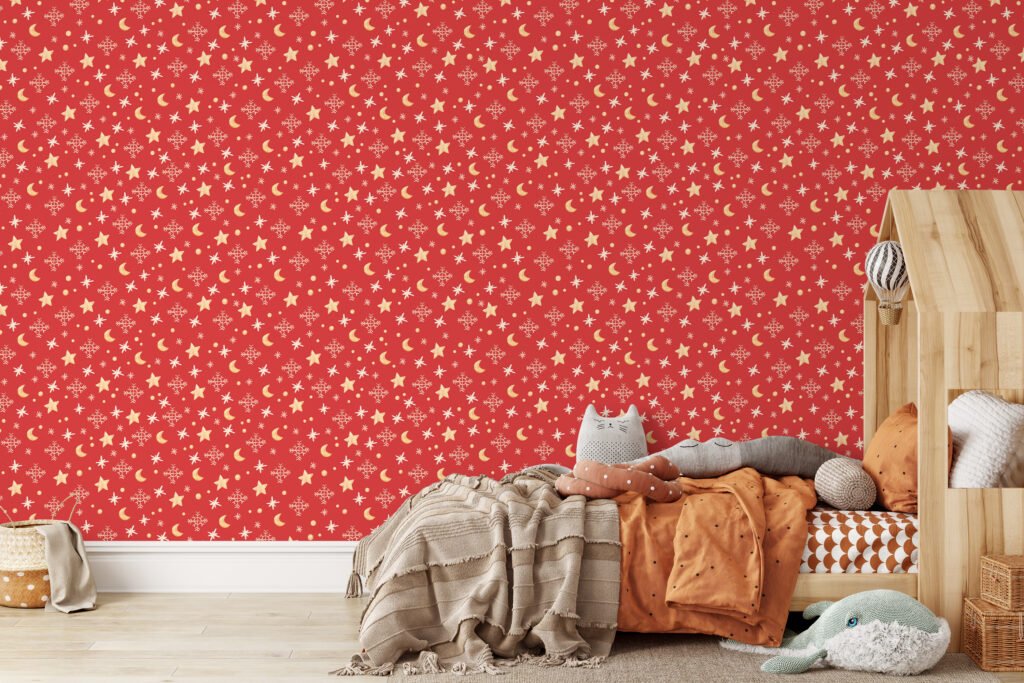 Cute Christmas Themed Stars And Moons Illustration Wallpaper, Festive Holiday Stars & Snowflakes Peel & Stick Wall Mural