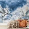 Large White Mystical Fantasy Unicorns With Castles In The Clouds Wallpaper, Enchanted Pegasus Peel & Stick Wall Mural