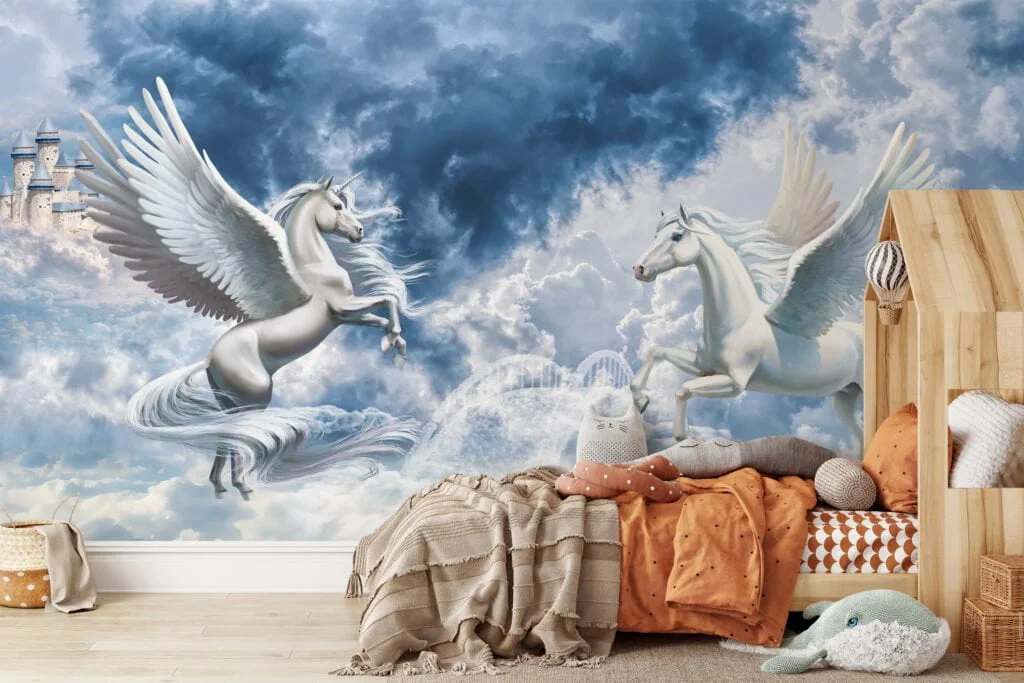 Large White Mystical Fantasy Unicorns With Castles In The Clouds Wallpaper, Enchanted Pegasus Peel & Stick Wall Mural