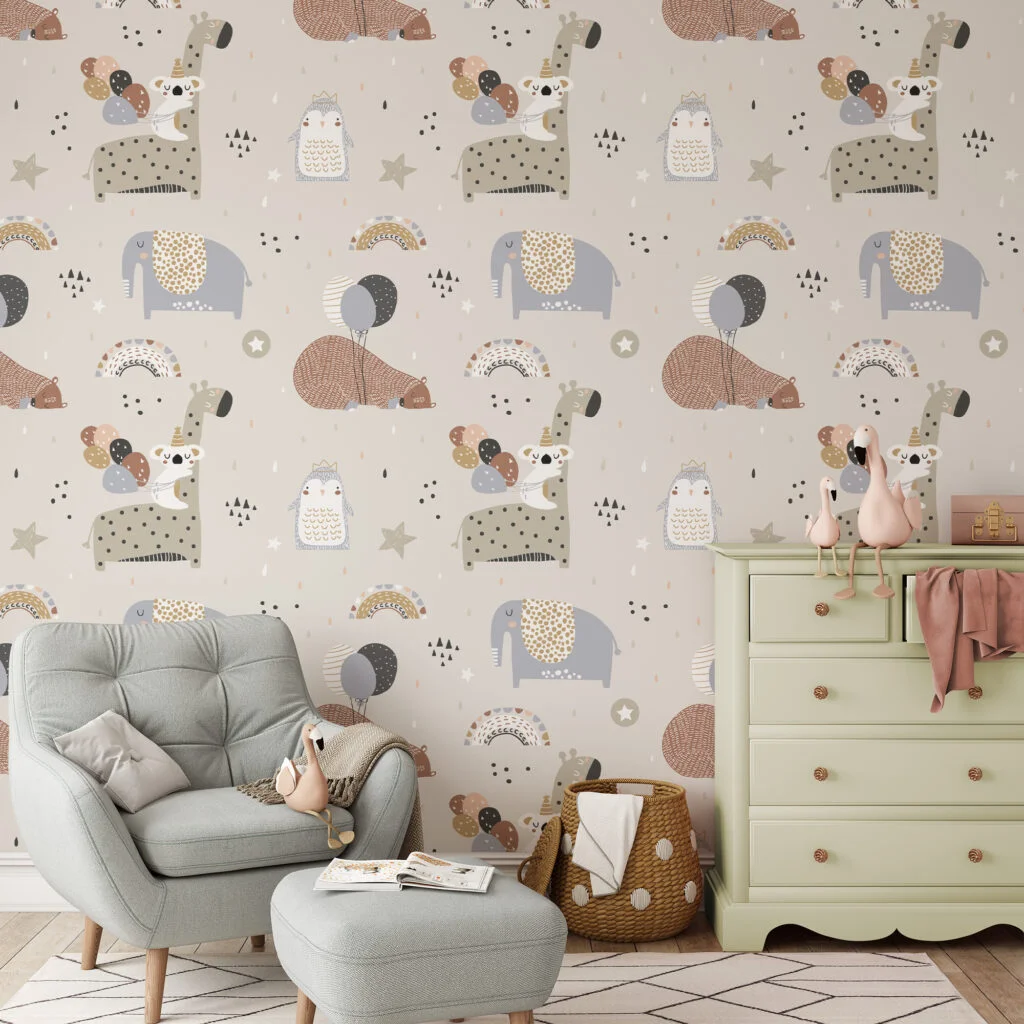 Cute Nursery Sleepy Animals With Muted Colors Pattern Illustration Wallpaper, Gentle Animal Children Peel & Stick Wall Mural