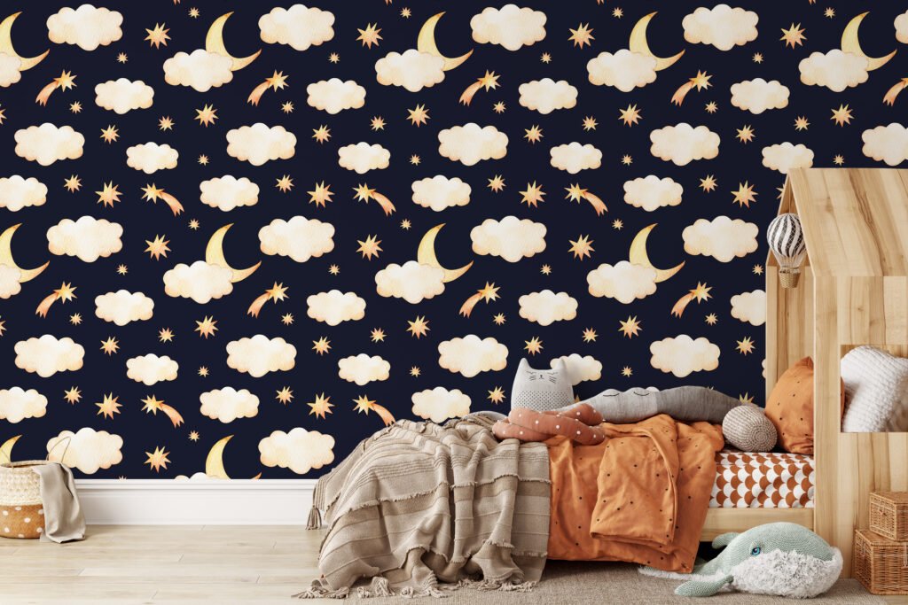 Watercolor Nursery Moon Night Clouds With Stars Illustration Wallpaper, Night Sky Dreams Peel & Stick Wall Mural
