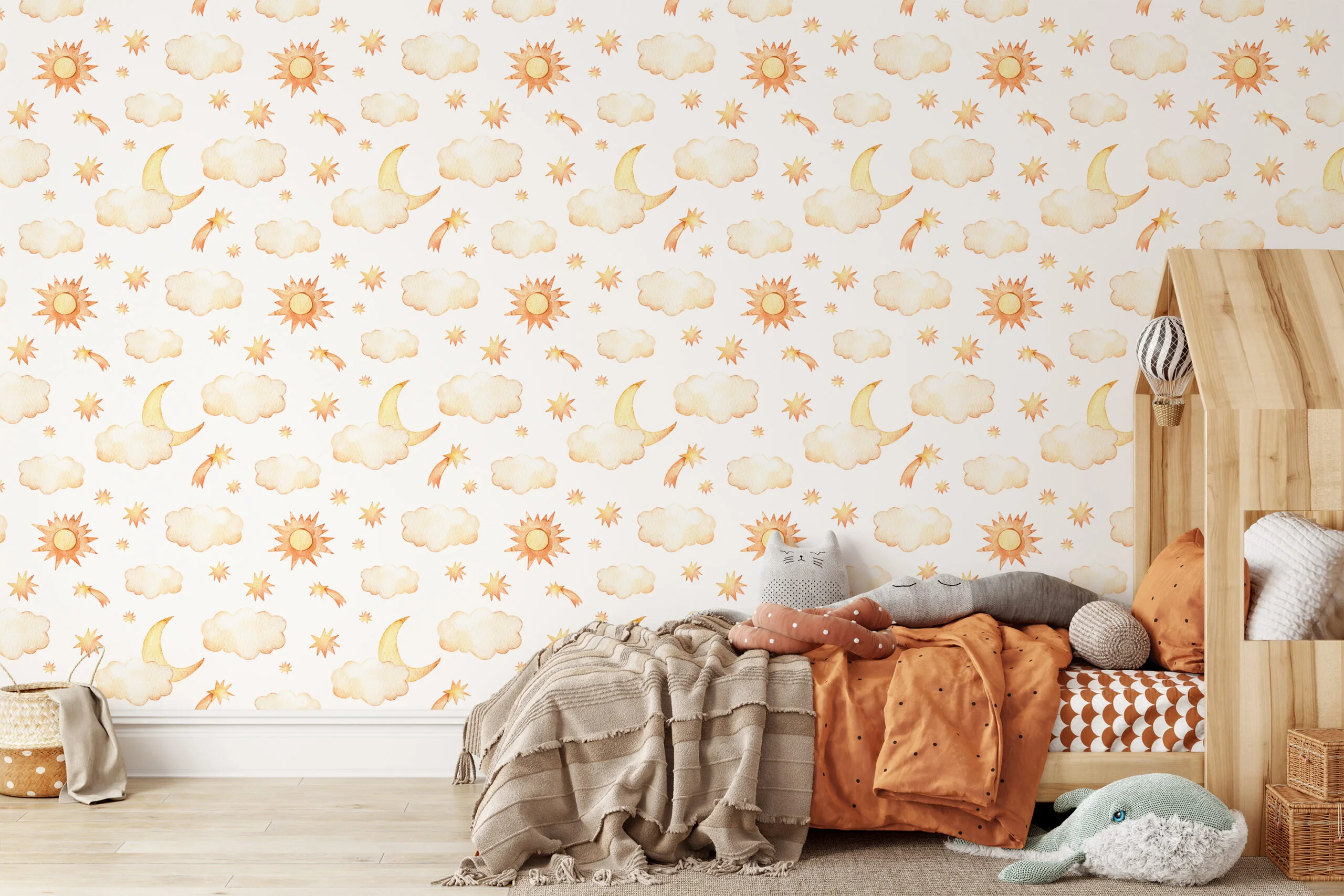 Watercolor Nursery Clouds Moon With Stars Pattern Illustration Wallpaper, Sunny Day & Starry Night Peel & Stick Wall Mural