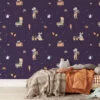 Farmer Rabbits With Dark Purple Background Illustration Wallpaper, Enchanted Garden Friends Peel & Stick Wall Mural