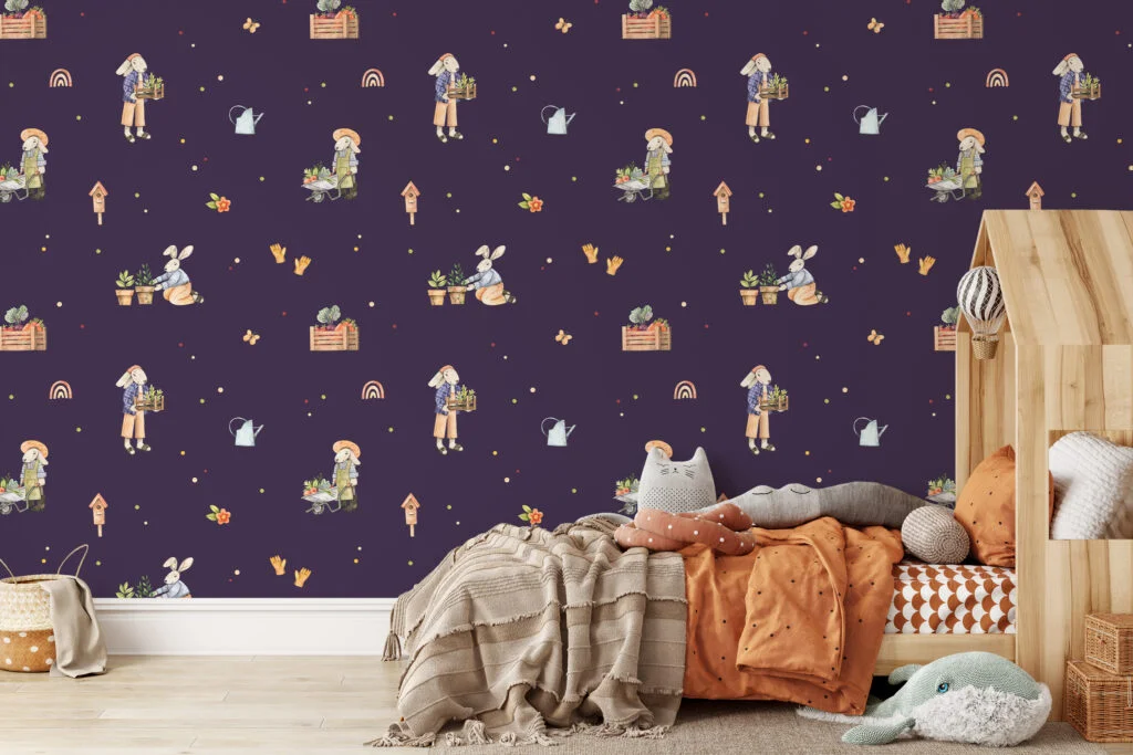 Farmer Rabbits With Dark Purple Background Illustration Wallpaper, Enchanted Garden Friends Peel & Stick Wall Mural