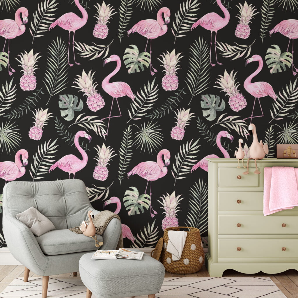 Watercolor Effect Pink Flamingos With Tropical Leaves Wallpaper, Elegant Tropical Peel & Stick Wall Mural